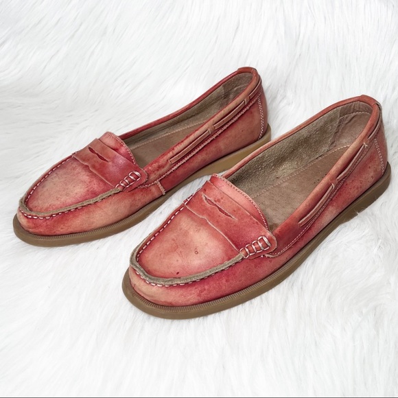 SOLD-Bed Stu Distressed Organic Dyed Ombre Red Boho Leather Slip On Loafers - Picture 4 of 12